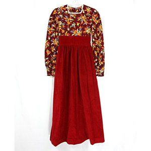 Vintage Red Velvet Floral Prairie Empire Waist Long Sleeve Maxi Dress S 1970s